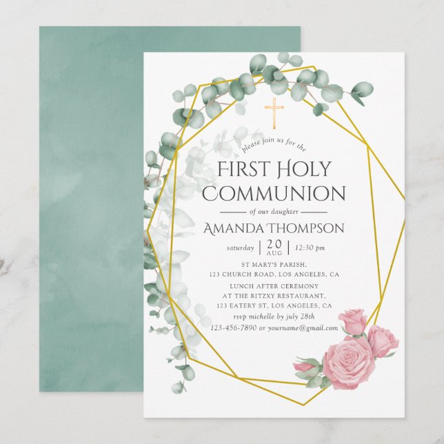 Invitation Première communion eucalyptus rose géométrique (Devant / Derrière)