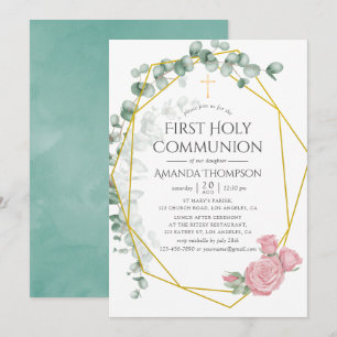Invitation Première communion eucalyptus rose géométrique