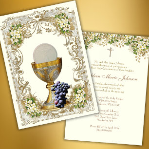 Invitation Première Communion Eucharistie Florale Or