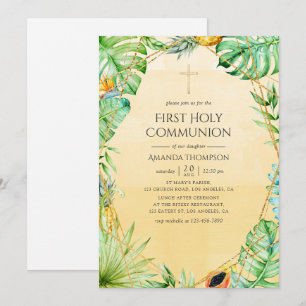 Invitation Première communion exotique tropicale géométrique