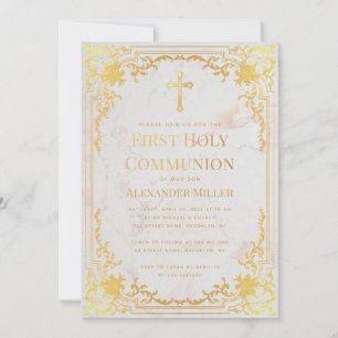 Invitation Première Communion Faux Gold Vintage Élégant marbr