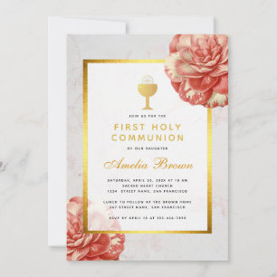 Invitation Première communion Faux or Floral Camellia rose