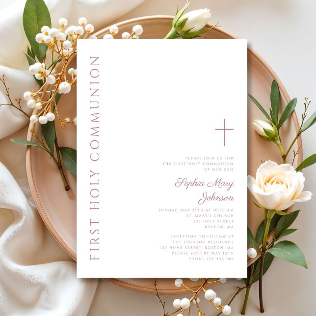 Invitation Première communion féminine de Croix rose moderne (Modern Elegant Pink Cross Girl First Communion Invitation)