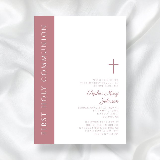 Invitation Première communion féminine de Croix rose moderne (Modern Elegant Pink Cross Girl First Communion Invitation)