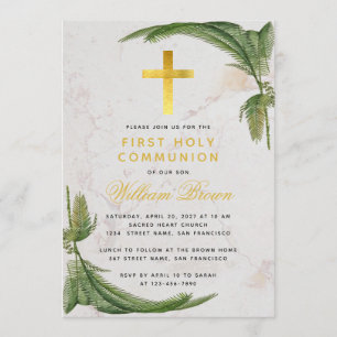 Invitation Première communion feuillage de fougère croix doré