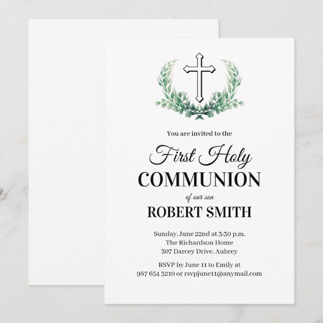 Invitation Première communion feuille verte (Devant / Derrière)