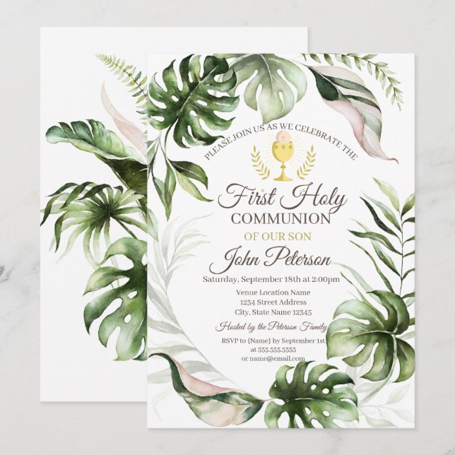 Invitation Première communion feuilles tropicales  (Devant / Derrière)