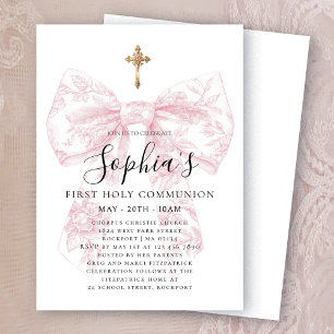 Invitation Première communion fille à nœud papillon en toile