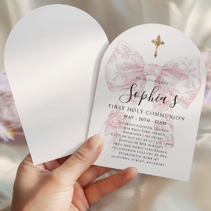 Invitation Première communion fille Arc de croix à nœud papil