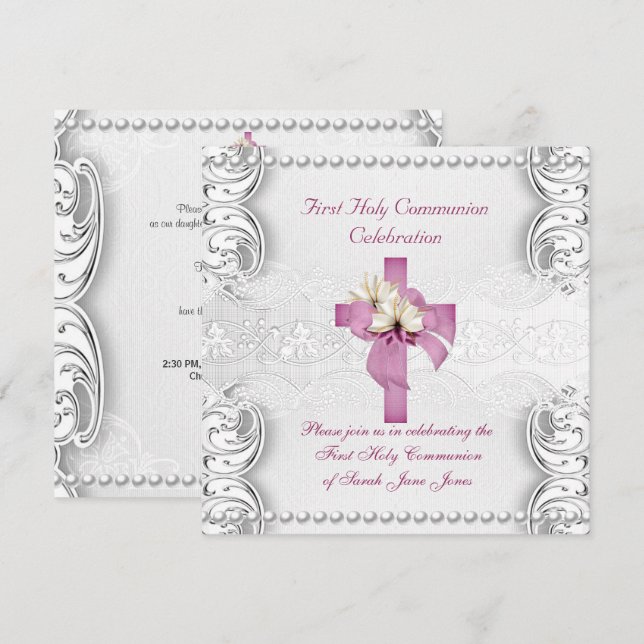 Invitation Première communion fille argent dentelle perle ros (Devant / Derrière)