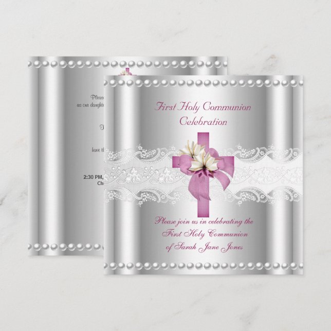 Invitation Première communion fille argent lace rose perle (Devant / Derrière)