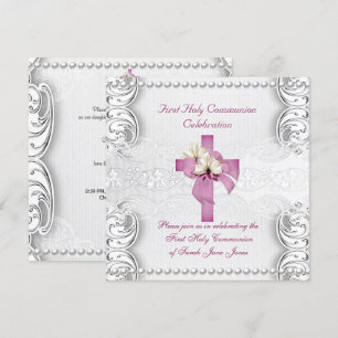 Invitation Première communion fille argent lace rose perle