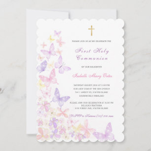 Invitation Première communion fille au papillon rose