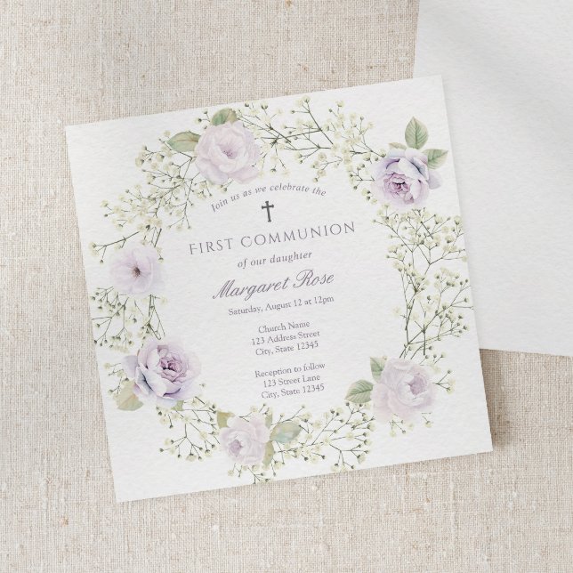Invitation Première communion fille avec Gypsophile et Roses  (Créateur téléchargé)