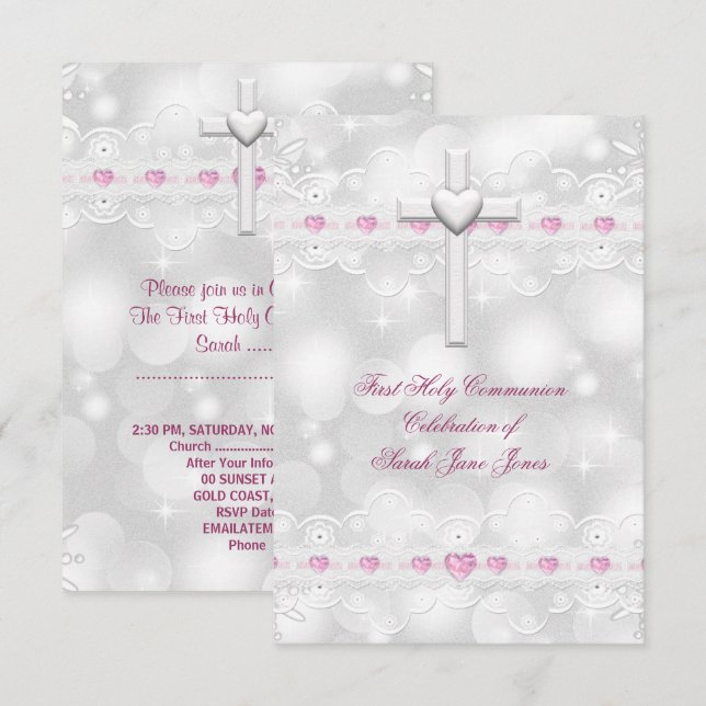 Invitation Première communion fille Blanc Argent (Devant / Derrière)