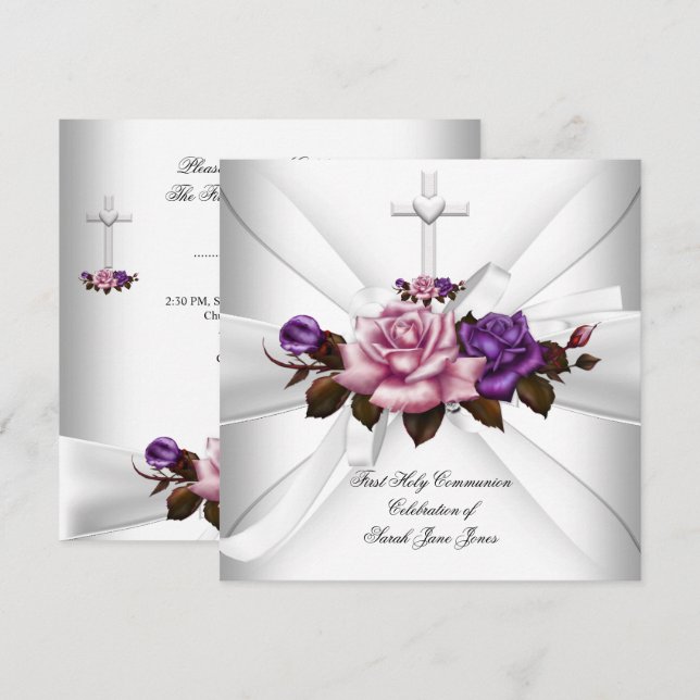 Invitation Première communion fille Blanc Argent Rose Violet (Devant / Derrière)