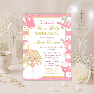 Invitation Première communion fille blonde rayure rose