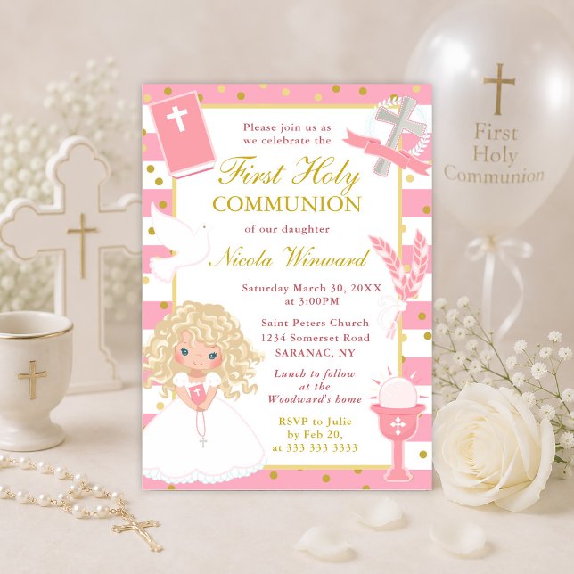 Invitation Première communion fille blonde rayure rose (Créateur téléchargé)