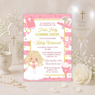Invitation Première communion fille blonde rayure rose