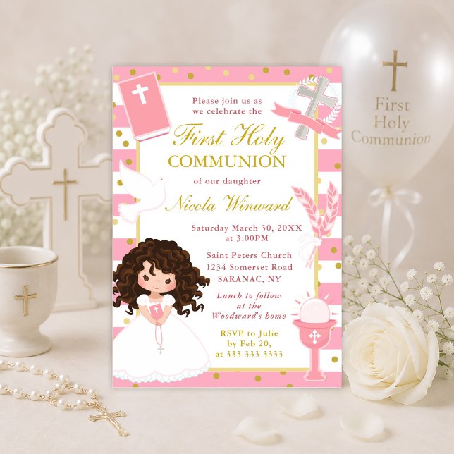 Invitation Première communion fille cheveux bruns rayures ros (Créateur téléchargé)