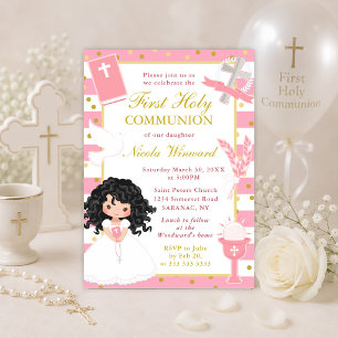 Invitation Première communion fille cheveux noirs rayures ros
