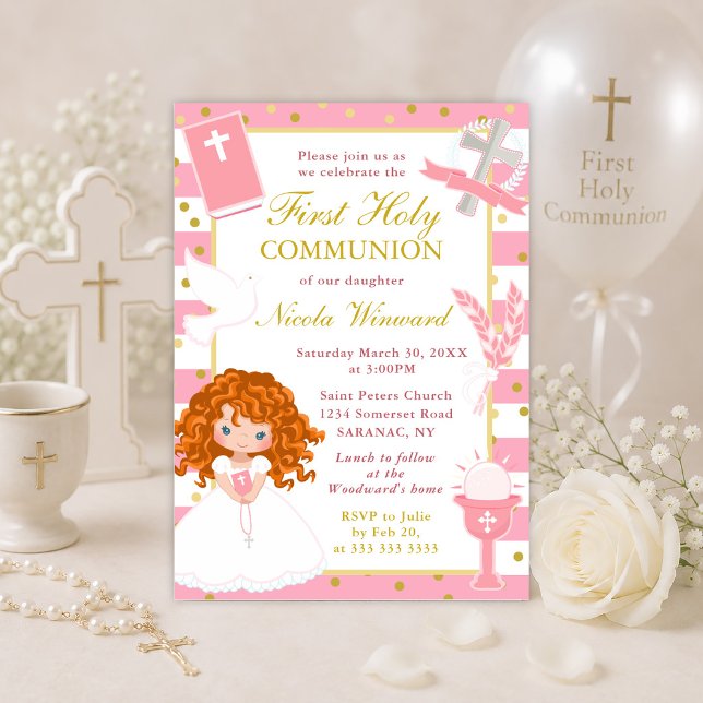 Invitation Première communion fille cheveux roux rayures rose (Créateur téléchargé)