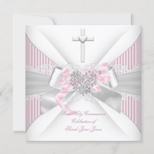 Invitation Première communion fille cœur rose blanc gris 2