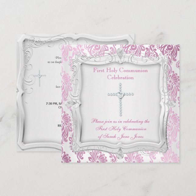 Invitation Première communion fille croix argent rose (Devant / Derrière)