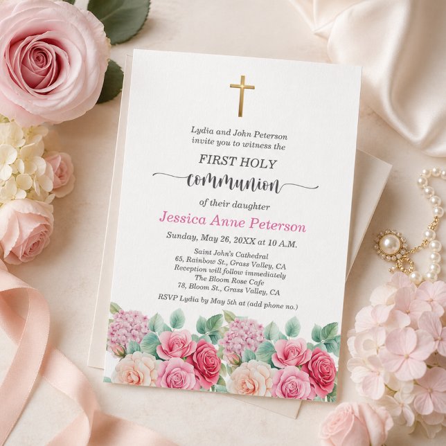 Invitation Première communion fille Croix d'or Roses Floral (Créateur téléchargé)