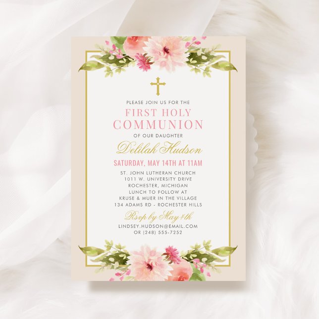 Invitation Première communion fille croix dorée florale rose  (Créateur téléchargé)
