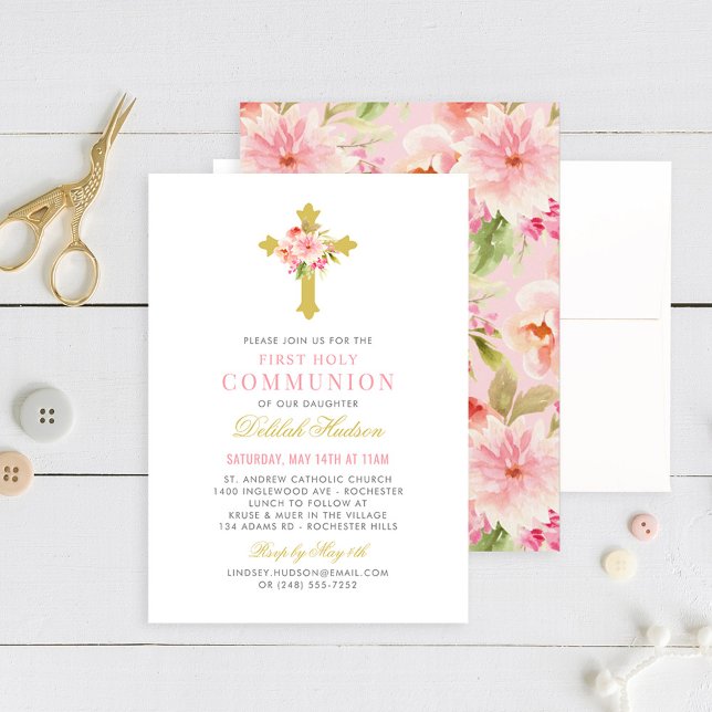 Invitation Première communion fille croix dorée florale rose (Créateur téléchargé)