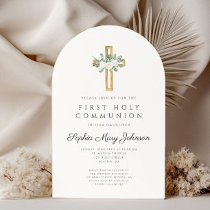 Invitation Première communion fille croix florale élégante
