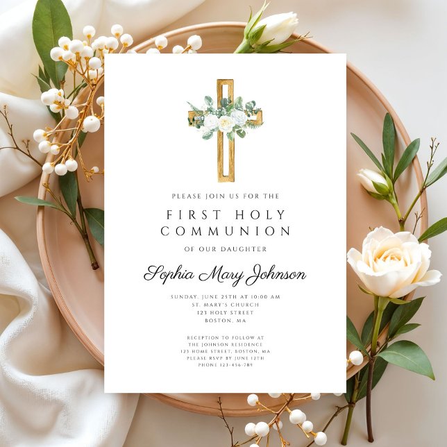 Invitation Première communion fille croix florale élégante (Elegant Floral Peonies Girl First Communion Invitation)