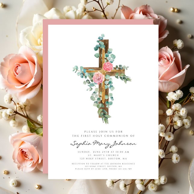 Invitation Première communion fille croix florale rose élégan (Elegant Pink Floral Cross Girl First Communion Invitation)