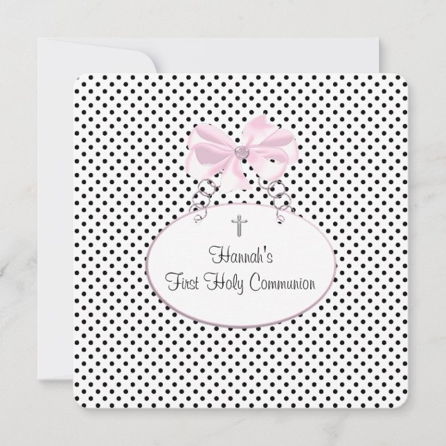 Invitation Première communion fille croix pois noir rose (Devant)