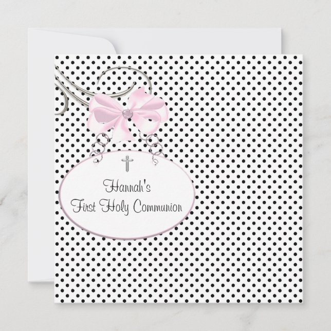 Invitation Première communion fille croix pois noir rose (Devant)