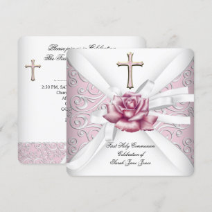 Invitation Première communion fille damas rose blanc 2