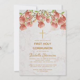 Invitation Première communion fille Fleur de magnolia rose Ma