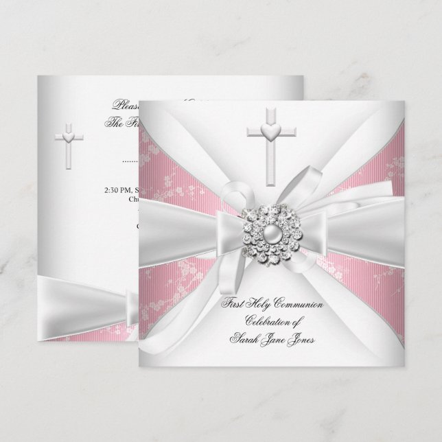 Invitation Première communion fille Fleur rose blanc (Devant / Derrière)