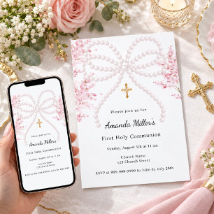 Invitation Première communion fille fleurs perles ruban rose