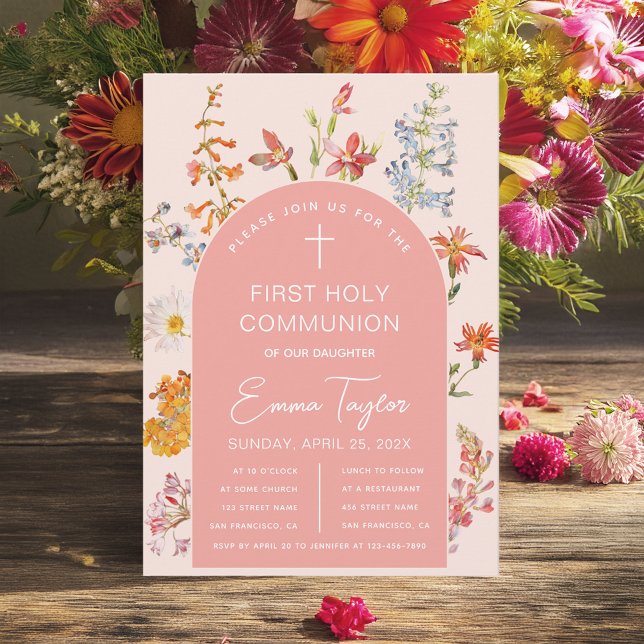 Invitation Première communion fille Fleurs sauvages Arche ros (Créateur téléchargé)