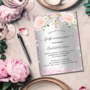 Invitation Première communion fille florales rose argent bril