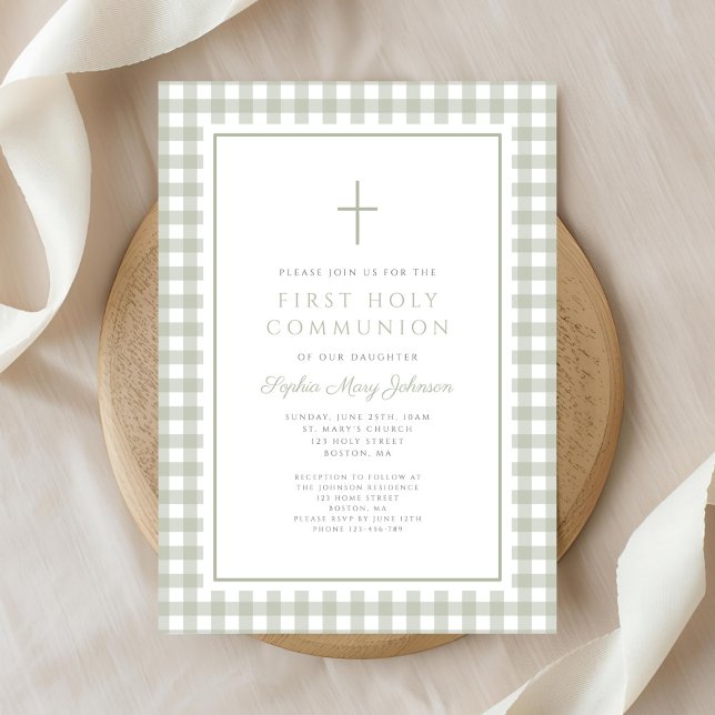 Invitation Première communion fille gingham vert sauge élégan (Elegant Sage Green Gingham Girl First Communion Invitation)
