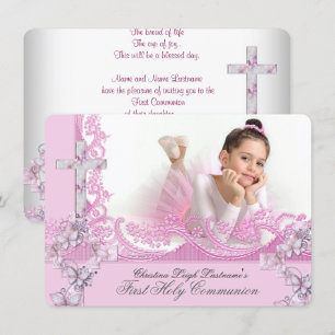 Invitation Première communion fille jolie dentelle rose