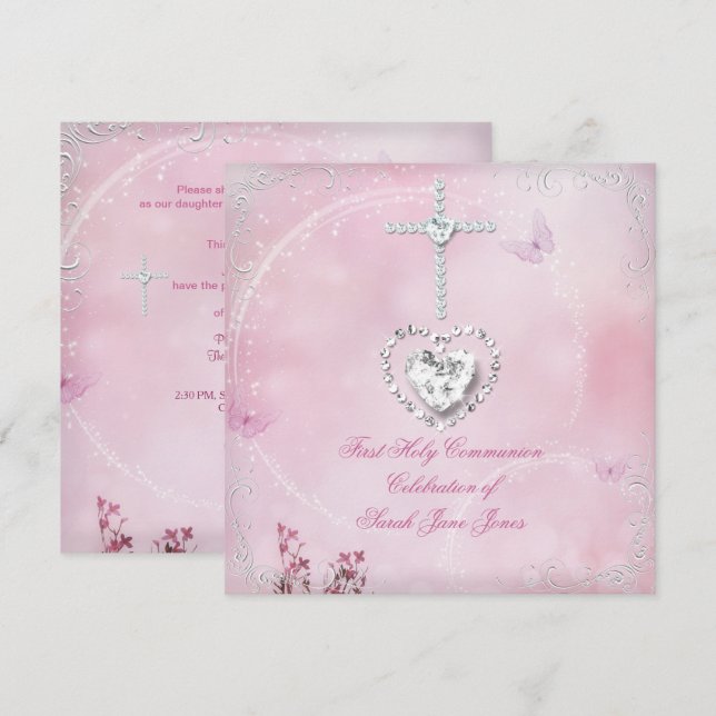 Invitation Première communion fille papillon blanc rose (Devant / Derrière)