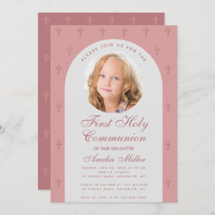 Invitation Première Communion fille photo Dusty Rose Arc mode