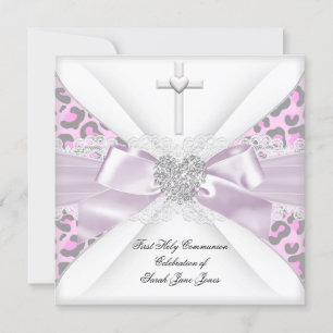 Invitation Première communion fille rose blanc gris léopard