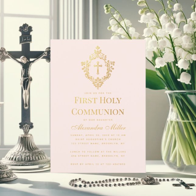 Invitation Première communion Fille Rose Blush Crête Faux Or (Créateur téléchargé)