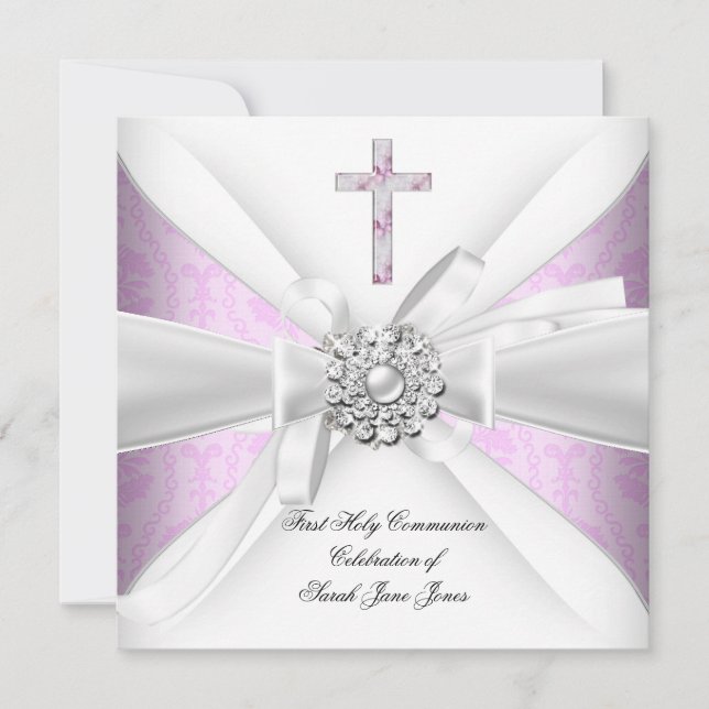 Invitation Première communion fille rose damas blanc argent (Devant)