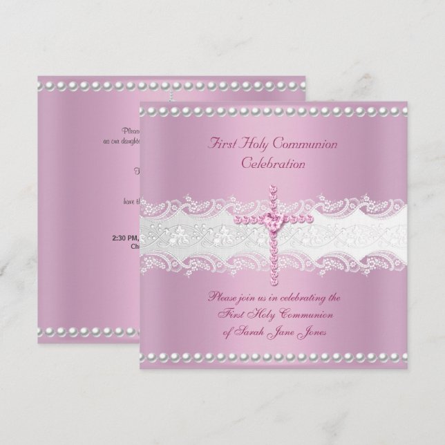 Invitation Première communion fille rose en dentelle et perle (Devant / Derrière)